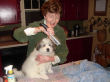 Sarah brushing a Great Pyrenees puppy.